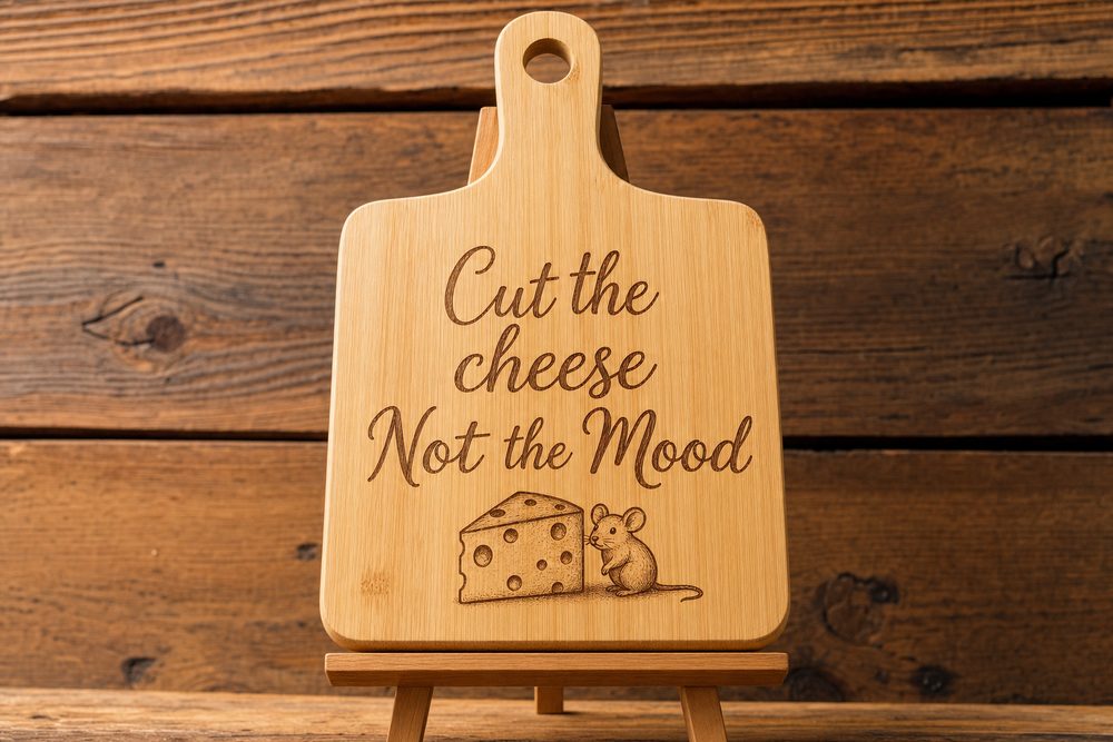 Bamboo paddle board engraved with the words Cut the cheese Not the Mood
