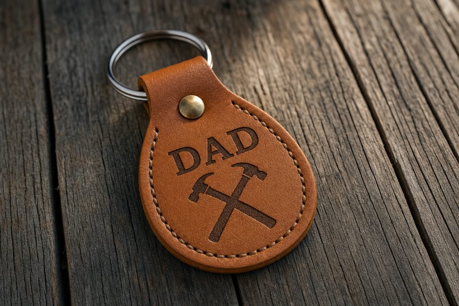 Tan leather keychain engraved with DAD and crossed hammers