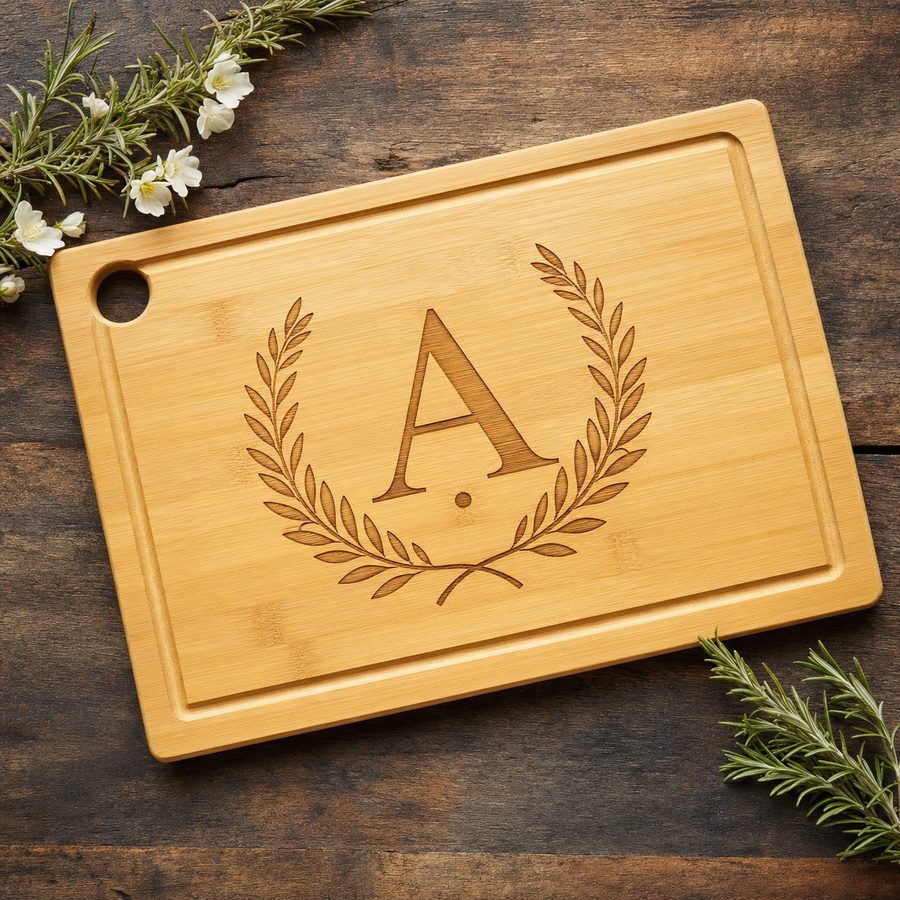 Bamboo board engraved with a monogram and laurel wreath